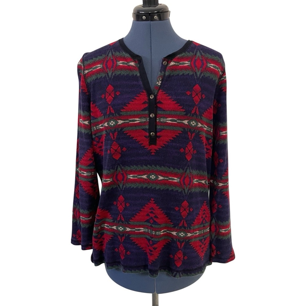 Chaps Ralph Lauren Womens Thermal Henley Top Aztec Waffleknit Baselayer Cabin 1X